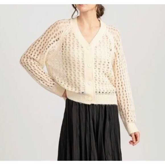 Elle Grey Womens Angora Crochet V Neck Cardigan Cream Boho Cottagecore NWT - Picture 2 of 15